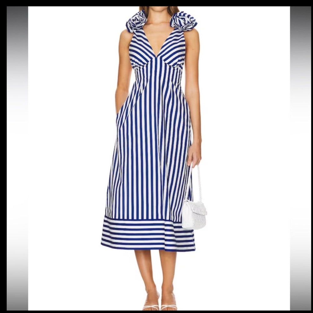DE NOVOO Blue & White Striped Rosette Halter Midi Dress with Pockets - NWT XS